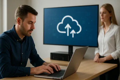 Férfi dolgozik laptopján, háttérben felhőszolgáltatások ikonjával.