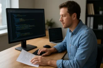 Programozó XML kódot ír egy számítógépen, dokumentumokat elemezve.