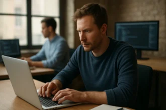 Programozó Parallels szoftverrel dolgozik laptopján modern irodában.