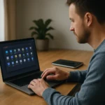 Férfi a laptopján a Rendszerbeállítások programot használja