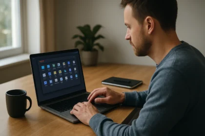 Férfi a laptopján a Rendszerbeállítások programot használja