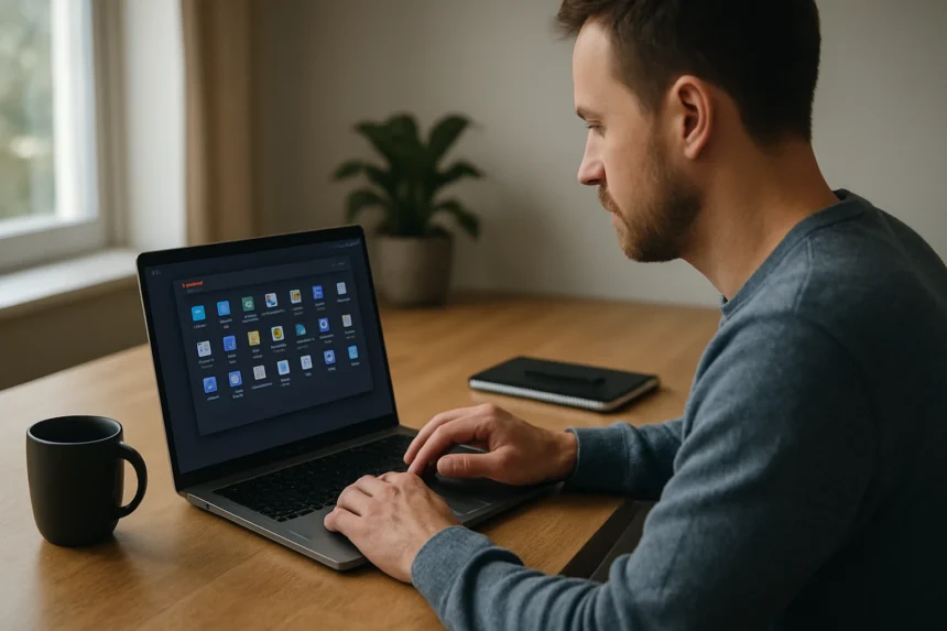 Férfi a laptopján a Rendszerbeállítások programot használja