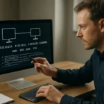 Számítógép előtt ülő szakértő az alhálózati maszk elemzésén.