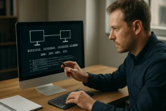 Számítógép előtt ülő szakértő az alhálózati maszk elemzésén.