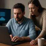 Két ember dolgozik az Azure Container Instances működésén laptopon.