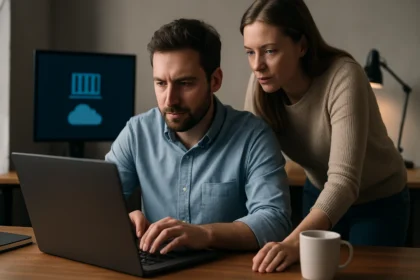 Két ember dolgozik az Azure Container Instances működésén laptopon.