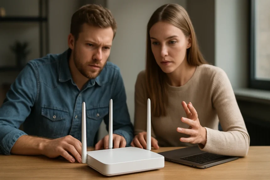 Fiatal pár a Wi-Fi router mellett, a vezeték nélküli kapcsolat javítására összpontosít.