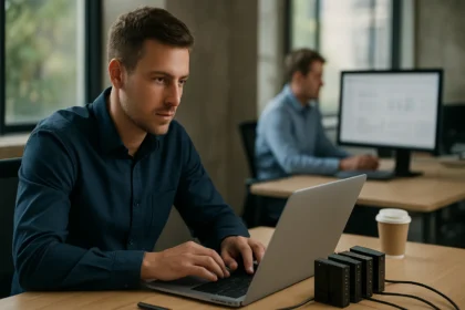 Férfi számítógépen dolgozik RAIN technológiával az irodában.