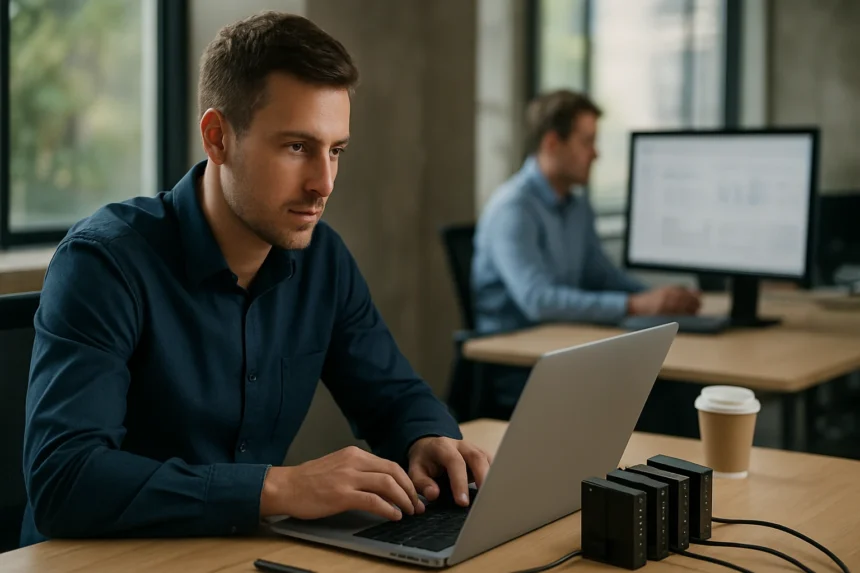 Férfi számítógépen dolgozik RAIN technológiával az irodában.