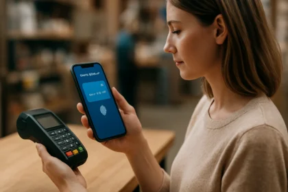 Nő digitális pénztárcát használ érintésmentes fizetéshez