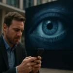Férfi telefonján adatokat nézve, háttérben egy óriási szem