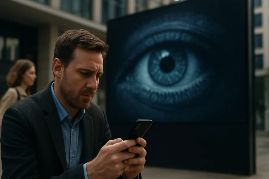 Férfi telefonján adatokat nézve, háttérben egy óriási szem