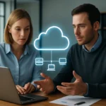 Két szakember beszél a felhőszámítástechnikáról egy laptop előtt.