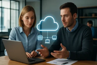 Két szakember beszél a felhőszámítástechnikáról egy laptop előtt.