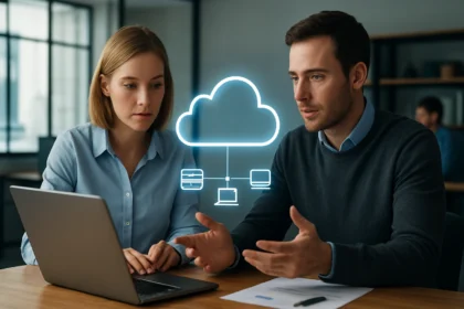 Két szakember beszél a felhőszámítástechnikáról egy laptop előtt.