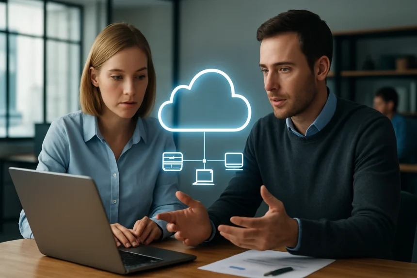 Két szakember beszél a felhőszámítástechnikáról egy laptop előtt.