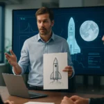 Férfi rakétát ábrázoló rajzot mutat bemutató közben.