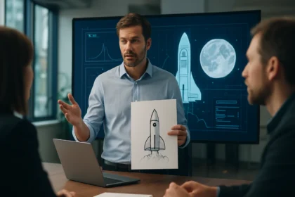 Férfi rakétát ábrázoló rajzot mutat bemutató közben.