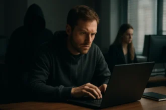 Férfi laptopot használ, elgondolkodva a lopakodó vírusok hatásairól.