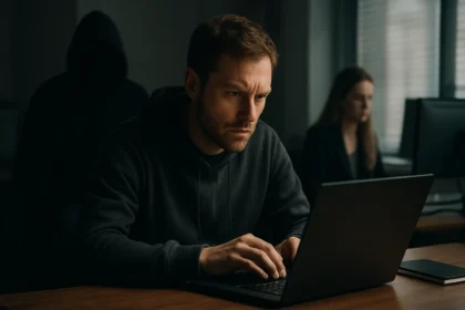 Férfi laptopot használ, elgondolkodva a lopakodó vírusok hatásairól.