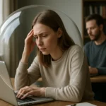 A nő szűrőbuborékban dolgozik a számítógépén, aggódva a személyre szabott tartalom miatt.