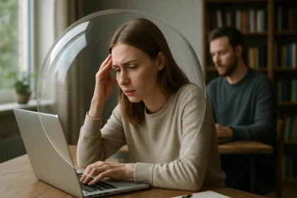 A nő szűrőbuborékban dolgozik a számítógépén, aggódva a személyre szabott tartalom miatt.