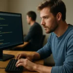 Programozó szkriptet ír egy számítógép előtt, háttérben egy kolléga.