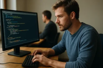 Programozó szkriptet ír egy számítógép előtt, háttérben egy kolléga.