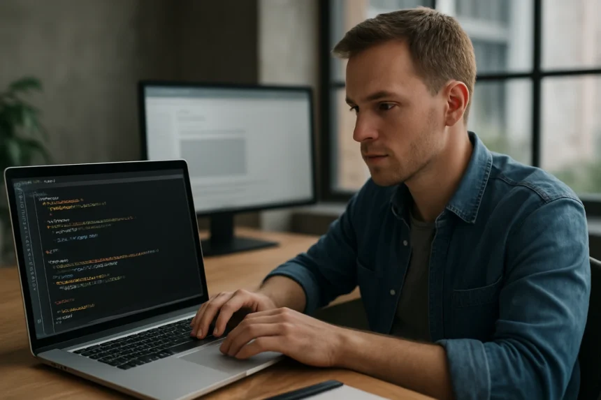 Webfejlesztő kódolás közben egy laptopon, iframe és HTML használatával.