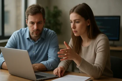 Két szakember, aki együtt dolgozik egy laptopon az IT világában.