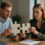 Két személy puzzle darabokat tart a kezében, a laza csatolás fogalmának szimbolizálására.