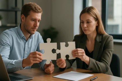 Két személy puzzle darabokat tart a kezében, a laza csatolás fogalmának szimbolizálására.