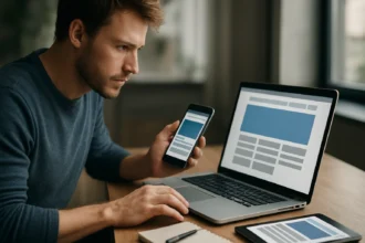 Férfi reszponzív webdizájnt tesztel okostelefonon és laptopon.