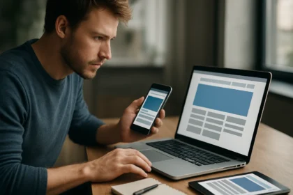 Férfi reszponzív webdizájnt tesztel okostelefonon és laptopon.