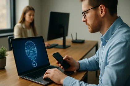 Férfi távoli hitelesítést végző rendszer előtt, arc felismerési felülettel a laptopján.