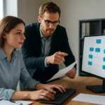 Két ember diszkrét eseményszimulációt elemez a számítógép előtt.