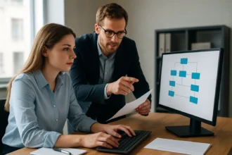 Két ember diszkrét eseményszimulációt elemez a számítógép előtt.