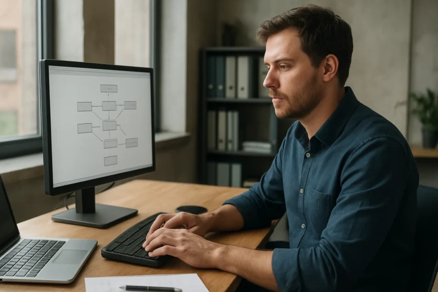 Férfi számítógép előtt, API Gateway diagramot nézve