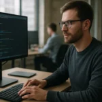 Adatmérnök dolgozik adatkezelési feladatokon egy modern irodában.