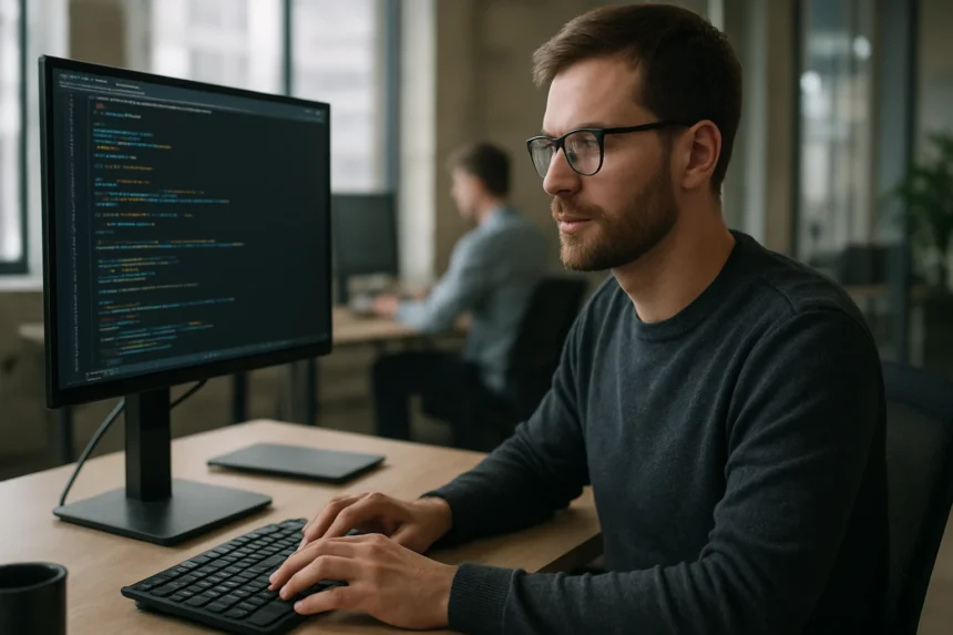 Adatmérnök dolgozik adatkezelési feladatokon egy modern irodában.