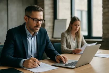 Beszerzési igazgató és szakmai csapata irodai környezetben