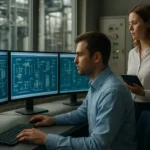 Ipari vezérlés munkatársai a DCS rendszer monitorozásánál