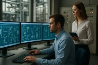 Ipari vezérlés munkatársai a DCS rendszer monitorozásánál