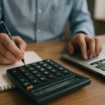 Felhasználó számológépet használ és jegyzetel papíralapú füzetbe.