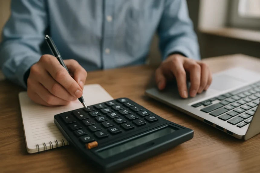 Felhasználó számológépet használ és jegyzetel papíralapú füzetbe.