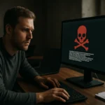 Férfi számítógépes biztonsági fenyegetéssel szemben