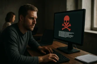 Férfi számítógépes biztonsági fenyegetéssel szemben