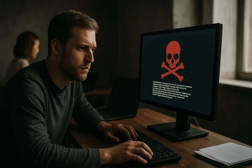 Férfi számítógépes biztonsági fenyegetéssel szemben