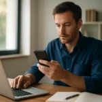 Férfi mobilalkalmazást használ laptop mellett, modern irodai környezetben.