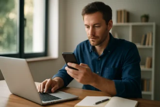 Férfi mobilalkalmazást használ laptop mellett, modern irodai környezetben.